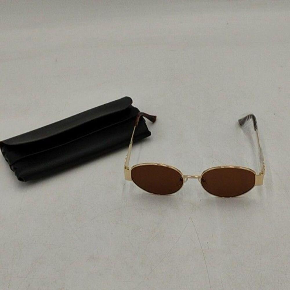 Oval Sunglasses Mens Gold Metal Frame Brown Tinted Lens Tortoise Arms Adjustable